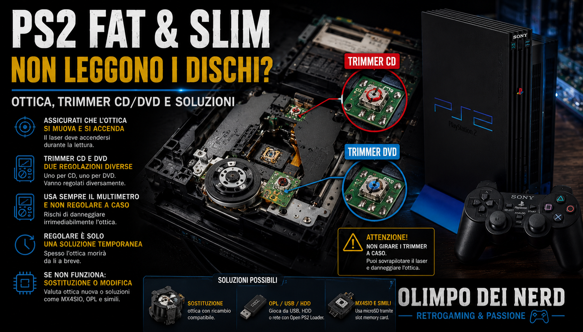 La tua PS2 Fat o Slim non legge i dischi? Guida a ottica, laser, trimmer CD/DVD, controlli con multimetro, sostituzione lente e alternative come OPL e MX4SIO